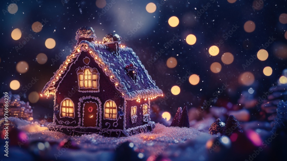 Fototapeta premium Gingerbread house against a dark, moody backdrop with deep purples and navy blues, illuminated by twinkling fairy lights for a mysterious festive vibe. Gingerbread house, New Year, Christmas