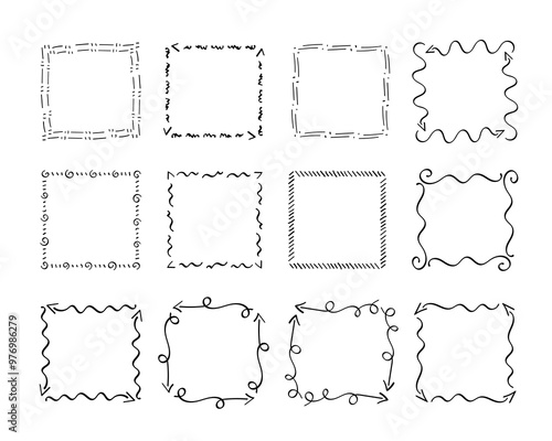 Square doodle frames ,hand-drawn monograms.Edgings and cadres with simple sketchy design elements.Isolated. Vector illustration