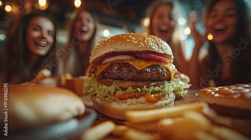 Cheeseburger with Friends in a Restaurant Setting photo