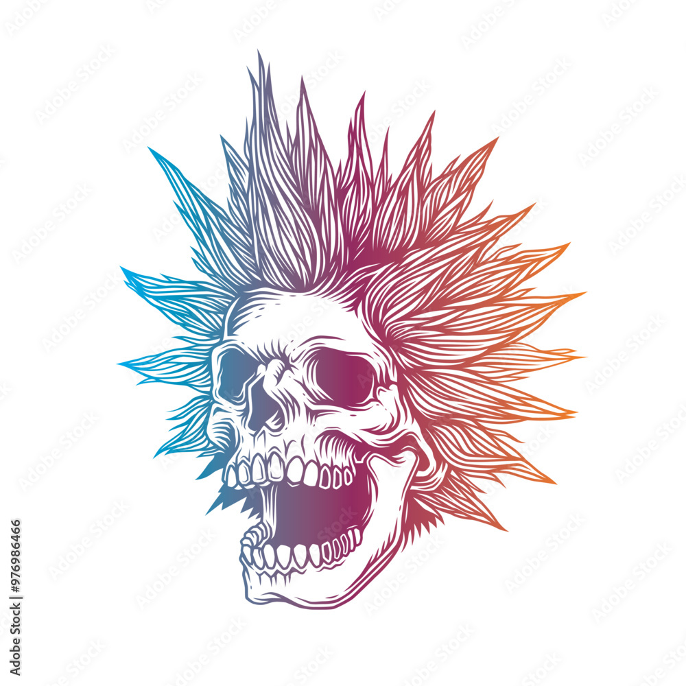 A skull with an open mouth and a punk rock hairstyle. T-shirt design, stickers, print. A skull with an open mouth and a punk rock hairstyle. T-shirt design, stickers, print.