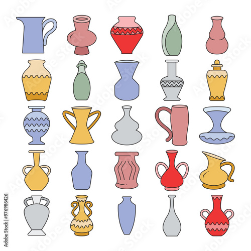 colorful vase, jar and pottery icons set vector illustration