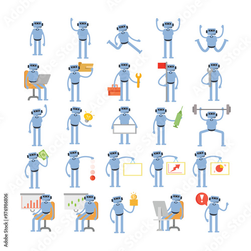 humanoid robot characters set in virous poses illustration