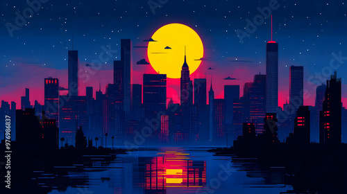 A stylized cityscape silhou...