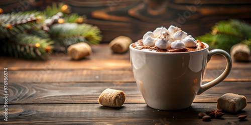 Coffee cup filled with hot cocoa and topped with a fluffy marshmallow, coffee, cup, marshmallow, hot cocoa, drink, beverage, winter