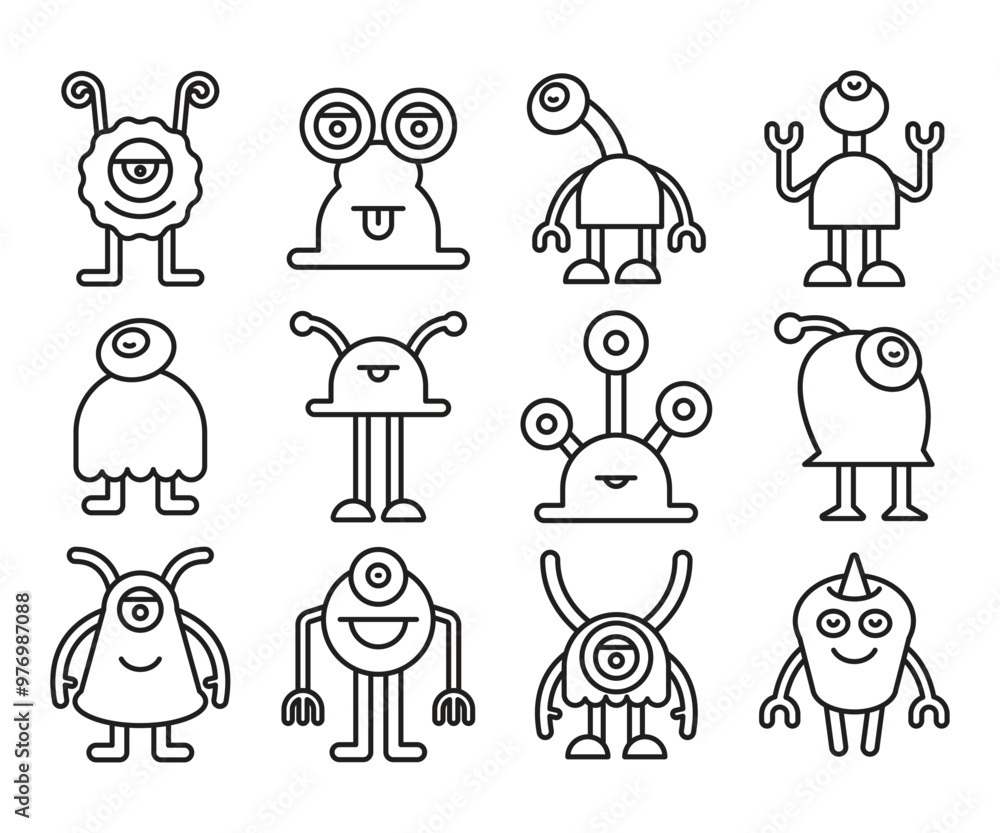 Fototapeta premium alien monster character line icons set