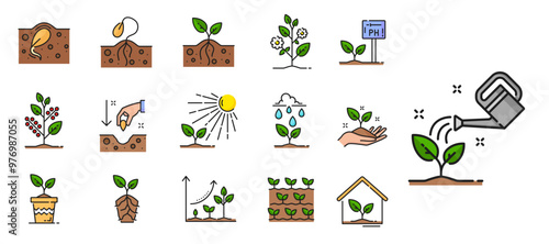 Plant sprout line icons, soil with seed, sprig and green leaves, agriculture, horticulture and agronomy. Plant and tree growing vector outline signs of garden soil, sprouts, seedlings and saplings