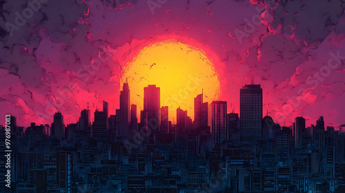 A stylized cityscape with a...