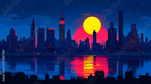 A stylized cityscape with a...