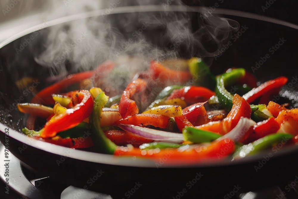 A pan of vegetables is cooking on a stove, with steam rising from the pan A pan of vegetables is cooking on a stove, with steam rising from the pan