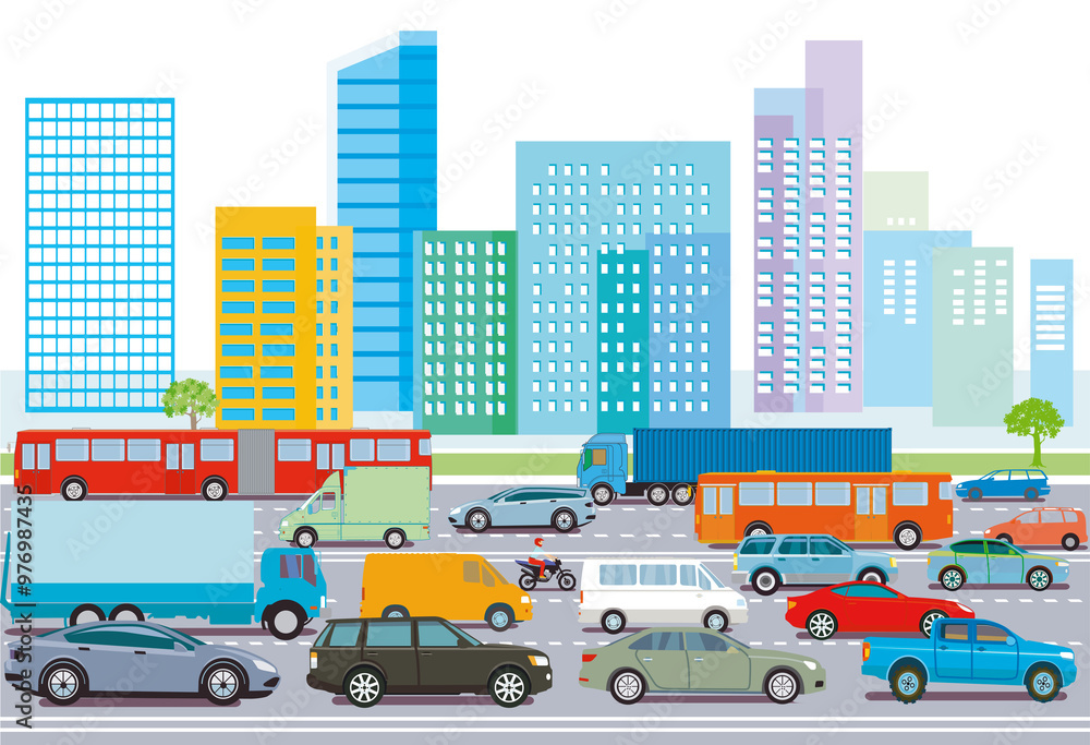 Personenwagen und Lastwagen auf der Autobahn, Illustration Personenwagen und Lastwagen auf der Autobahn, Illustration