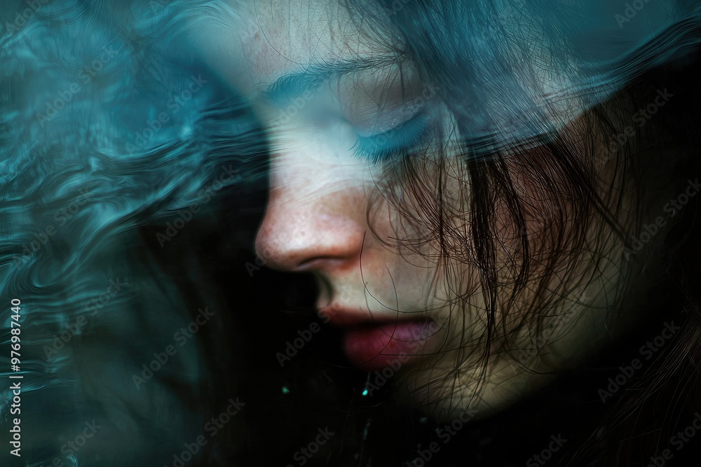 A woman with long hair is shown in a blurry image, Scene is mysterious and dreamy A woman with long hair is shown in a blurry image, Scene is mysterious and dreamy