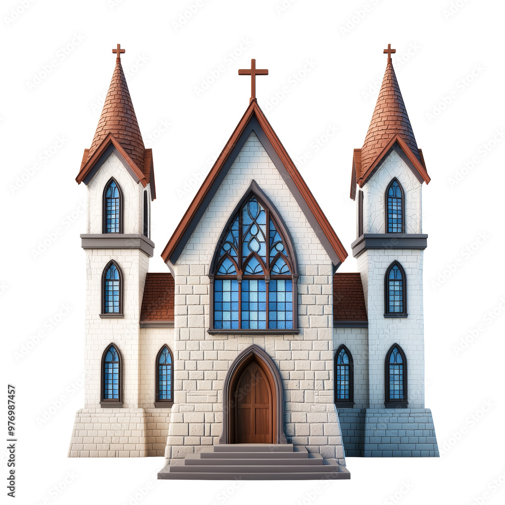 Colorful cartoon style church with steeples and stained glass windows Colorful cartoon style church with steeples and stained glass windows