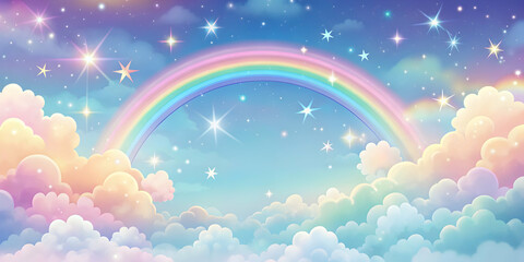 Ingelijste posters Regenboog Kawaii pastelhemel met sterrenwolken  © suwatthana