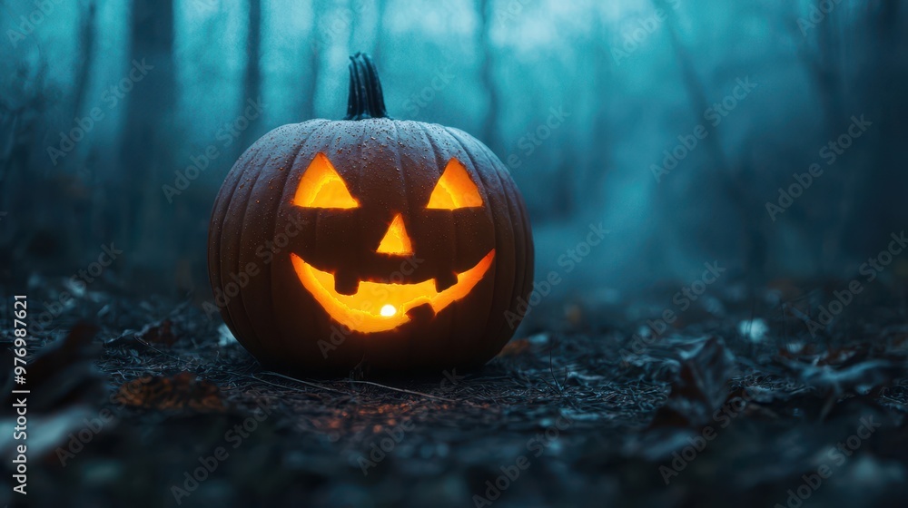 Glowing Jack o Lantern in Foggy Forest Glowing Jack o Lantern in Foggy Forest
