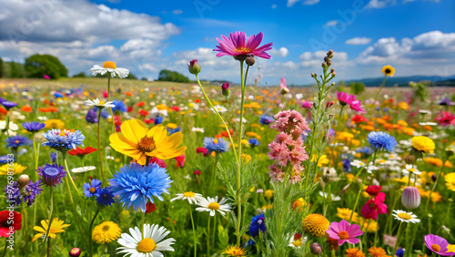 Vibrant meadow with a variety of wild flowers blooming , nature, colorful, beauty, field, flora, spring, petals, growth