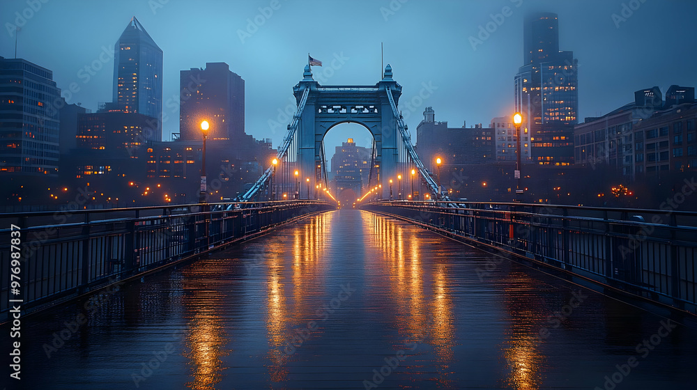 Fototapeta premium A suspension bridge in a city with fog and rain, with the lights of the city reflected in the wet pavement.