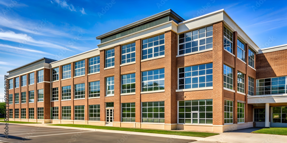School building with brick facade and large windows, school, building, exterior, architecture, education, learning School building with brick facade and large windows, school, building, exterior, architecture, education, learning