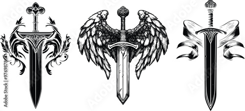 Engraved Winged Sword on White Background – Vector Art Illustration