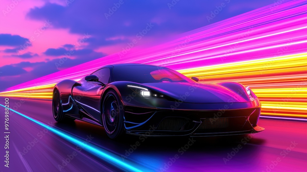 Black Sports Car Speeding Through Neon Lights Black Sports Car Speeding Through Neon Lights