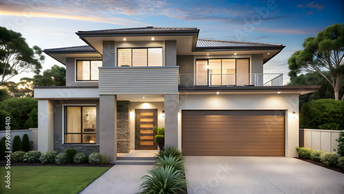 Exterior of a modern Australian style home with clean lines and neutral colors, residential, architecture, modern, Australian