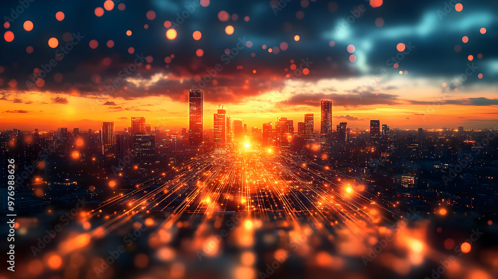 Obraz premium A vibrant city skyline at sunset with glowing lights and a bokeh effect.