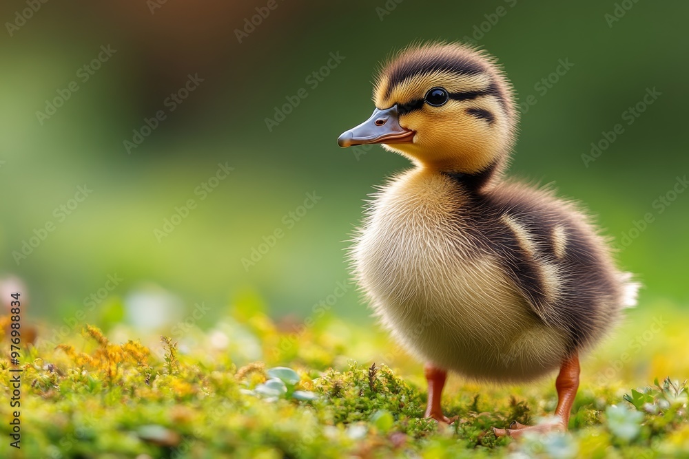 Newborn duckling waddling through a garden, its downy feathers fluffed out Newborn duckling waddling through a garden, its downy feathers fluffed out