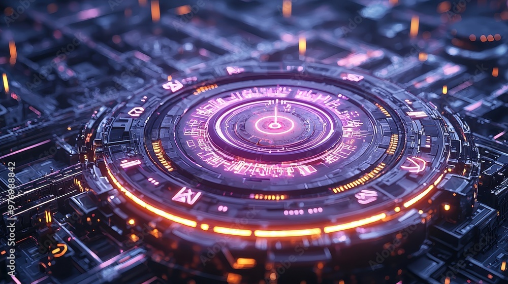 Futuristic Tech Interface with Glowing Lights and Circular Design Futuristic Tech Interface with Glowing Lights and Circular Design