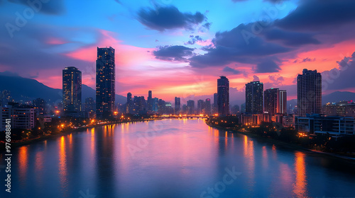A vibrant city skyline with...
