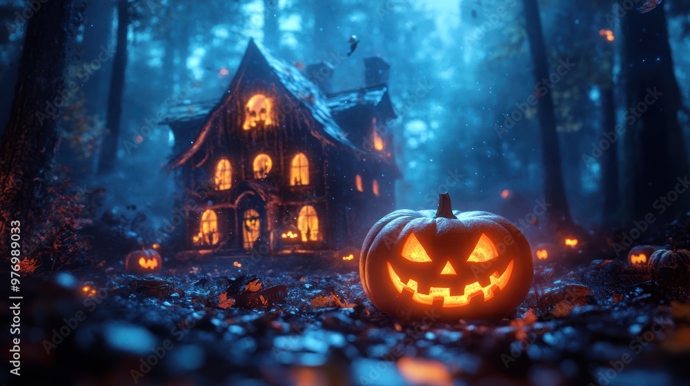 Spooky Halloween Jack o Lantern in a Haunted Forest Spooky Halloween Jack o Lantern in a Haunted Forest