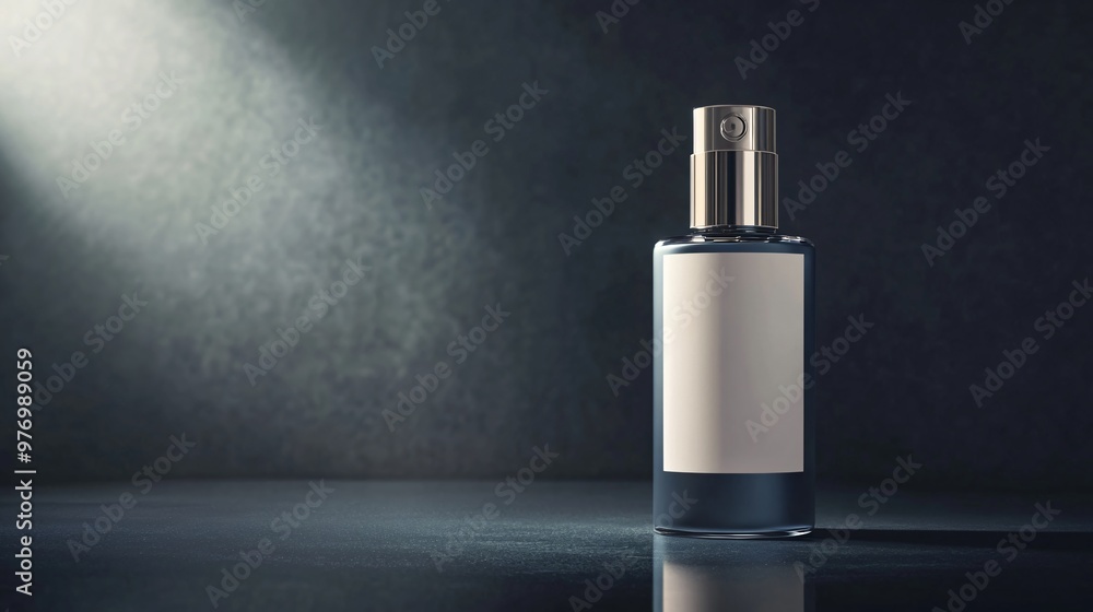 A glass bottle with a silver cap and a blank label standing on a dark surface. A glass bottle with a silver cap and a blank label standing on a dark surface.