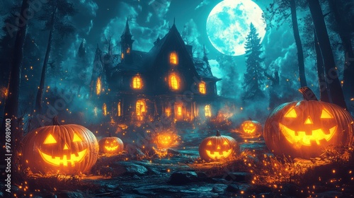 Spooky Halloween Haunted House with Jack o Lantern and Full Moon