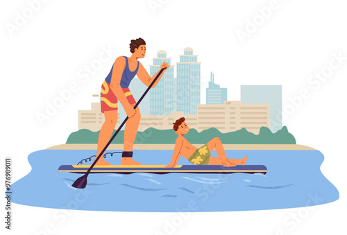 Father and son sup surfing together in the city flat vector illustration. Man rowing on standing up paddle.
