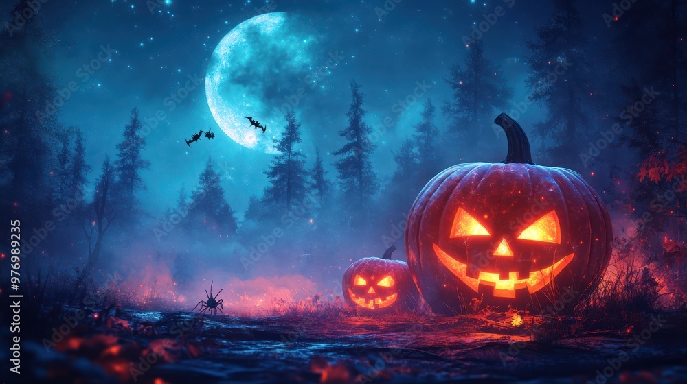 Halloween Jack o Lanterns in Spooky Forest with Full Moon Halloween Jack o Lanterns in Spooky Forest with Full Moon