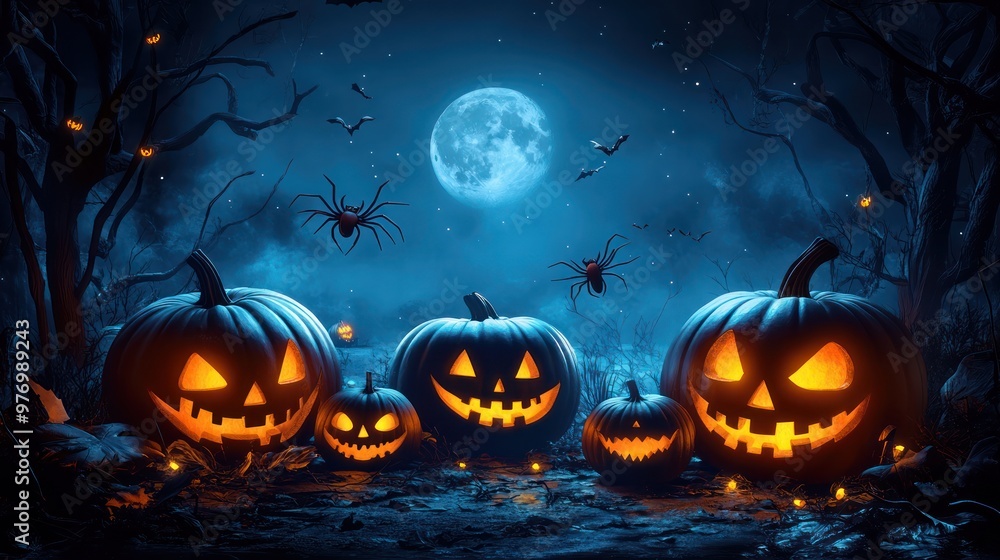 Spooky Halloween Jack o Lanterns in Dark Forest with Full Moon Spooky Halloween Jack o Lanterns in Dark Forest with Full Moon