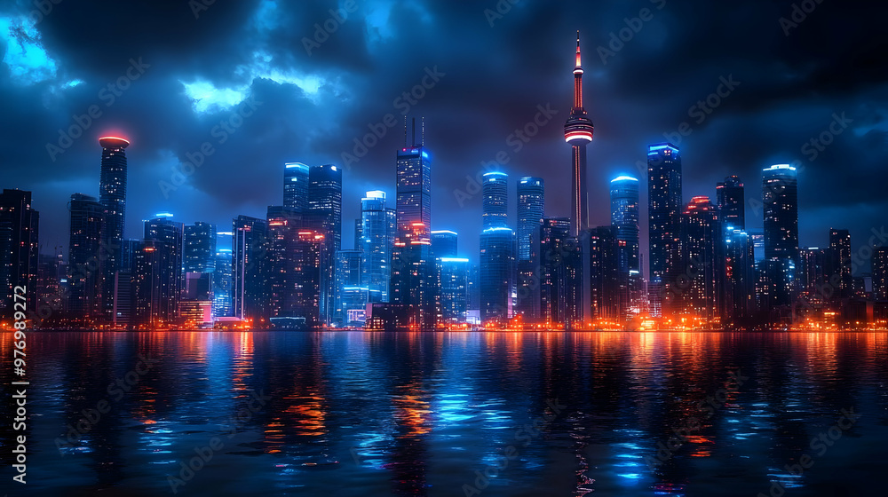 Fototapeta premium A vibrant cityscape at night, with tall buildings illuminated by colorful lights reflected in the water below, creating a mesmerizing atmosphere.