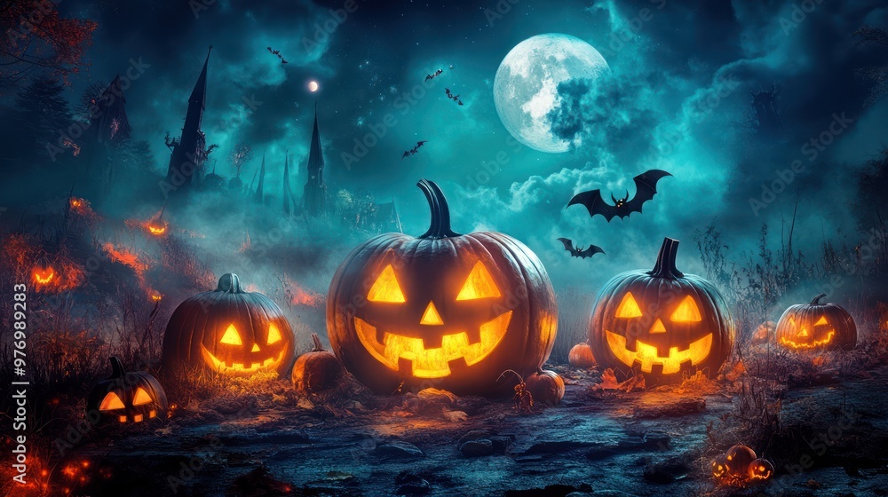 Spooky Halloween Jack o Lanterns with Full Moon and Bats Spooky Halloween Jack o Lanterns with Full Moon and Bats