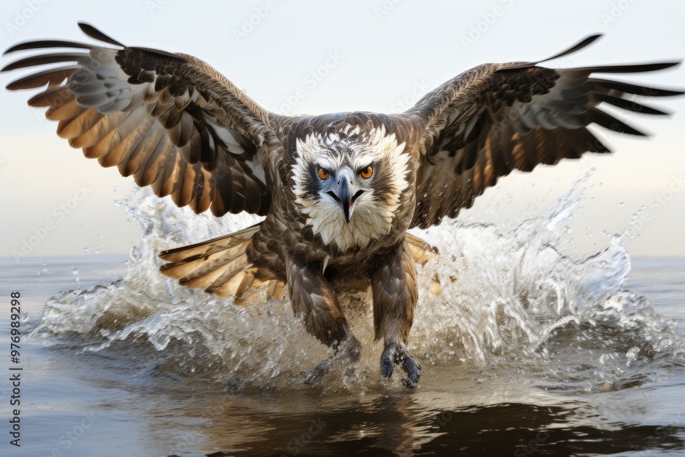 Fototapeta premium Osprey swooping down towards a river, talons outstretched ready to catch a fish just below the surface