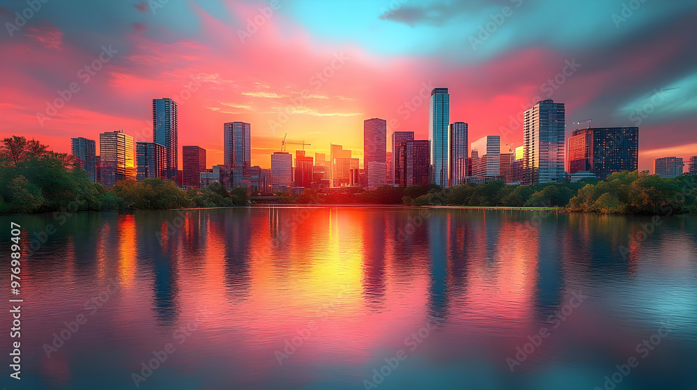 Obraz premium A vibrant cityscape at sunset, with a colorful sky reflected in a calm lake.