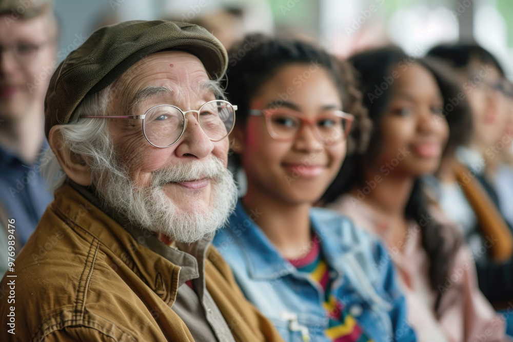 Diverse Group of People Smiling at an Event with Elderly Man in Foreground Diverse Group of People Smiling at an Event with Elderly Man in Foreground