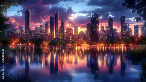 A vibrant cityscape at suns...