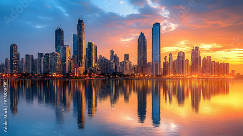 A vibrant cityscape at sunset, with the reflection of the buildings and the sky in the water.