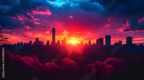 A vibrant cityscape silhoue...