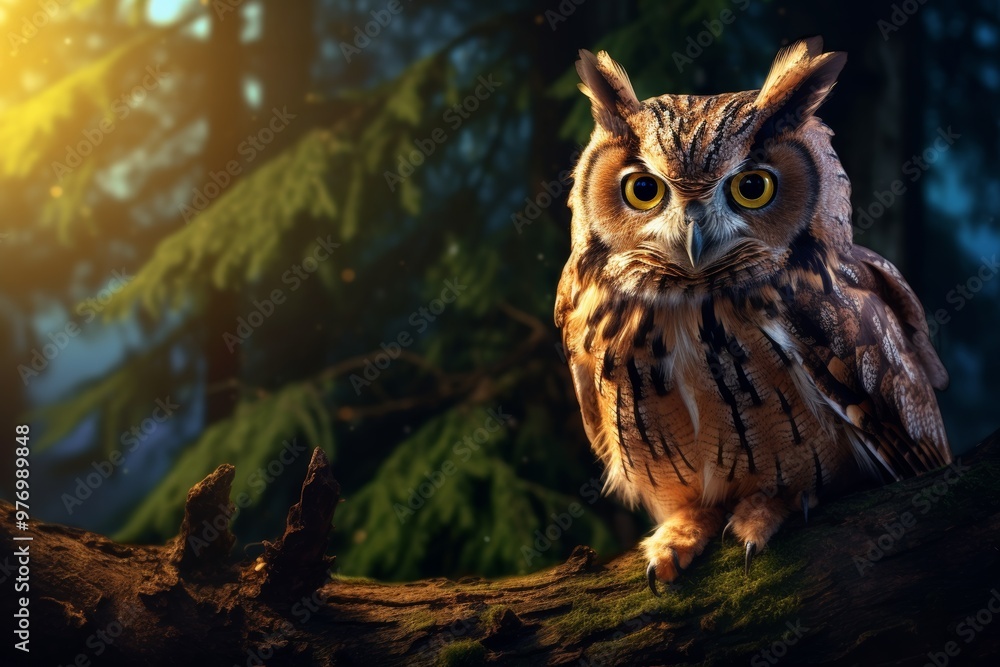 Owl perched on a tree branch at dusk, symbolizing wisdom in the forest Owl perched on a tree branch at dusk, symbolizing wisdom in the forest
