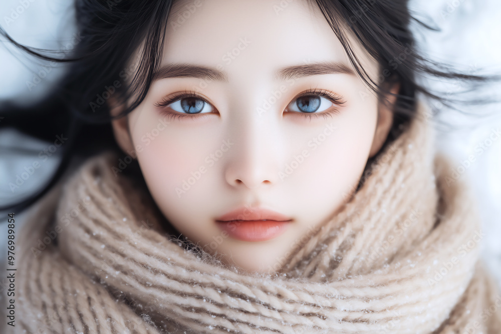 暖かそうなマフラーを巻く透明感のある美しい女性 暖かそうなマフラーを巻く透明感のある美しい女性