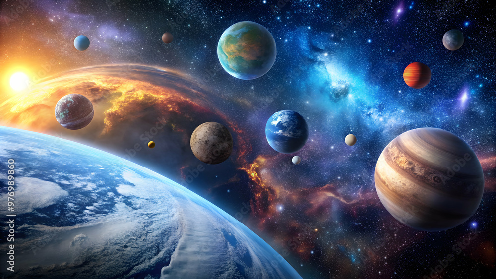 A stunning stock photo of the vast universe with Earth and other planets in the background, universe, Earth, planets A stunning stock photo of the vast universe with Earth and other planets in the background, universe, Earth, planets