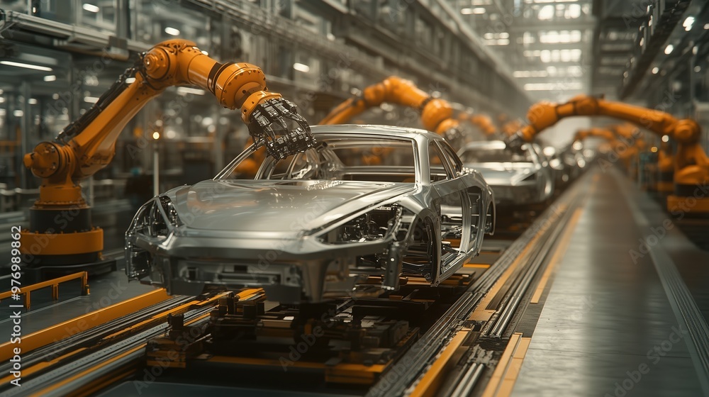 Robotic arms precisely work on assembling metal car frames on an automotive assembly line, illustrating efficiency in industrial manufacturing. Robotic arms precisely work on assembling metal car frames on an automotive assembly line, illustrating efficiency in industrial manufacturing.