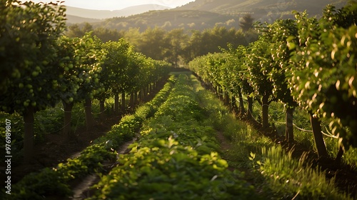 Constantly tending to rows of pear trees amid a lovely widening of veggies photo