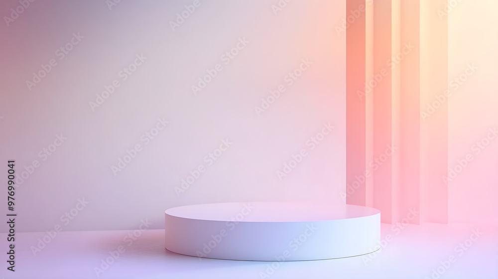 Minimalist white backdrop features subtle pastel gradients, highlighting a circular platform in softly lit space ideal for product displays or photography Minimalist white backdrop features subtle pastel gradients, highlighting a circular platform in softly lit space ideal for product displays or photography