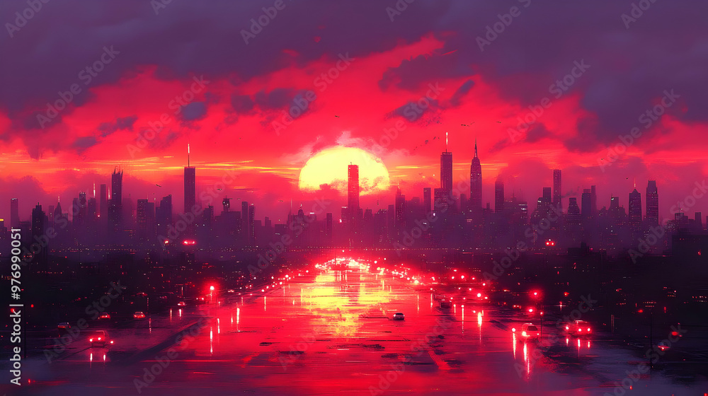 A vibrant cityscape silhouette with a red sunset sky. A vibrant cityscape silhouette with a red sunset sky.