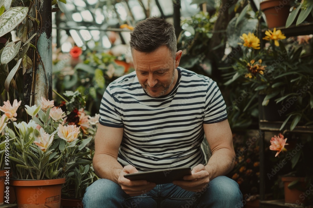 On the balcony of his apartment, an adult uses a digital tablet On the balcony of his apartment, an adult uses a digital tablet